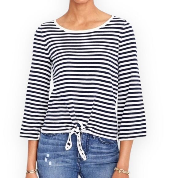 J. Crew Boat Neck Three Quarter Sleeve Striped Bow Tie Front Blouse - Picture 2 of 3